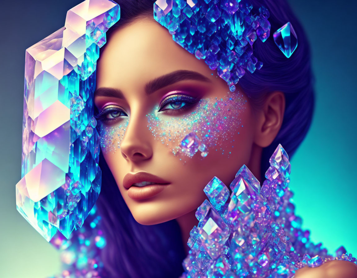 Gemstone-themed makeup digital portrait with crystal formations on teal background