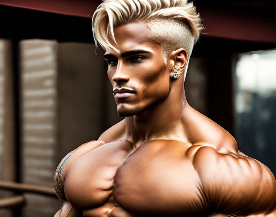 Muscular man with blond hair, earring, chiseled jawline.