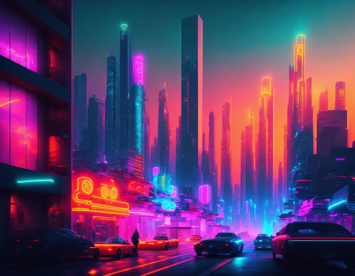 Nighttime cyberpunk cityscape with neon lights and futuristic architecture