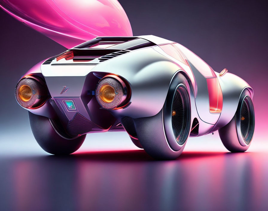 Futuristic silver concept car with orange-lit headlights