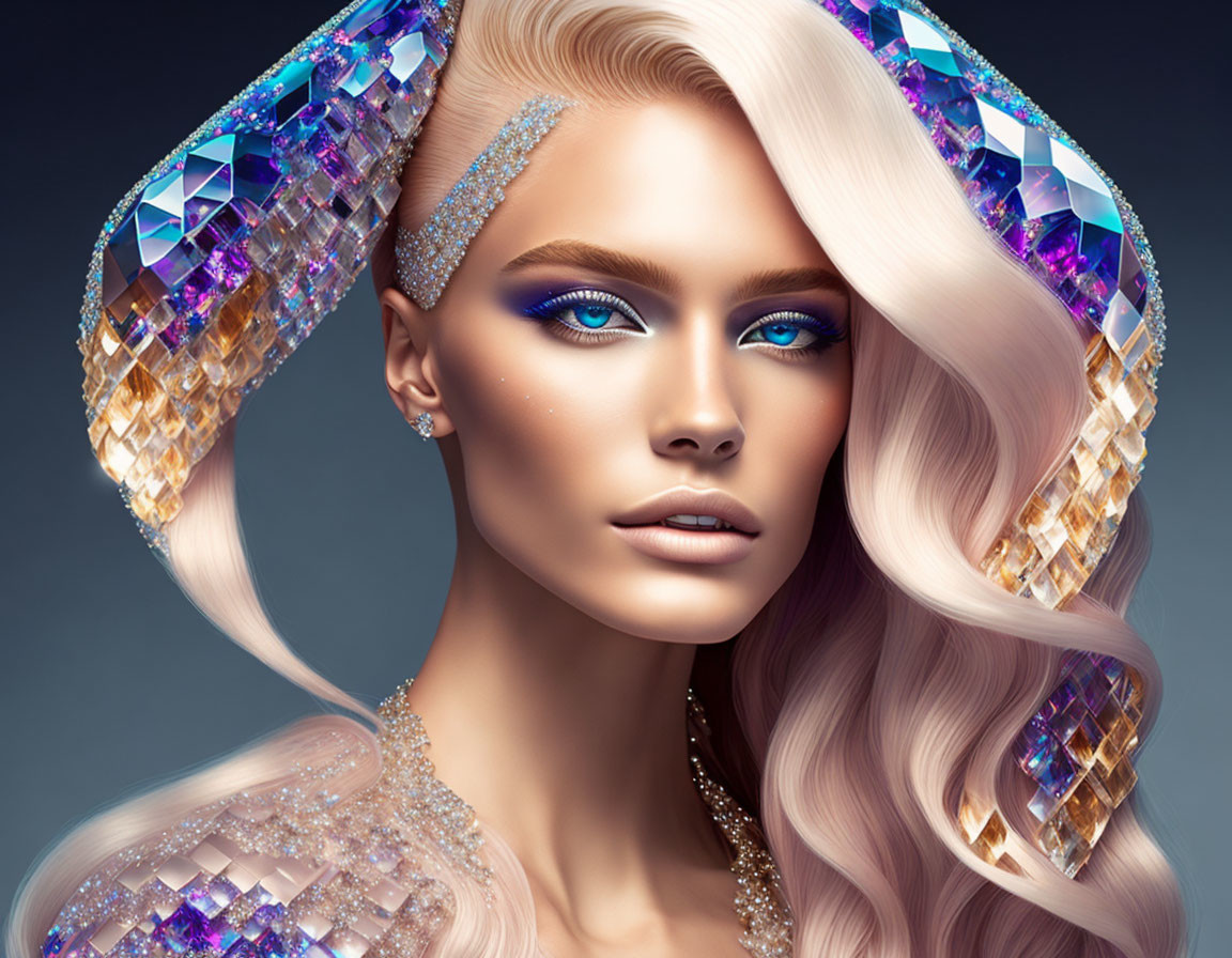 Blonde Woman with Blue Eyes and Crystal Accents on Grey Background