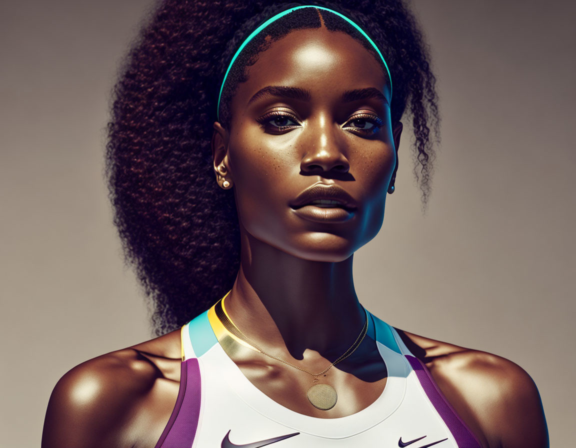 Athletic woman in sports attire poses confidently with determined expression