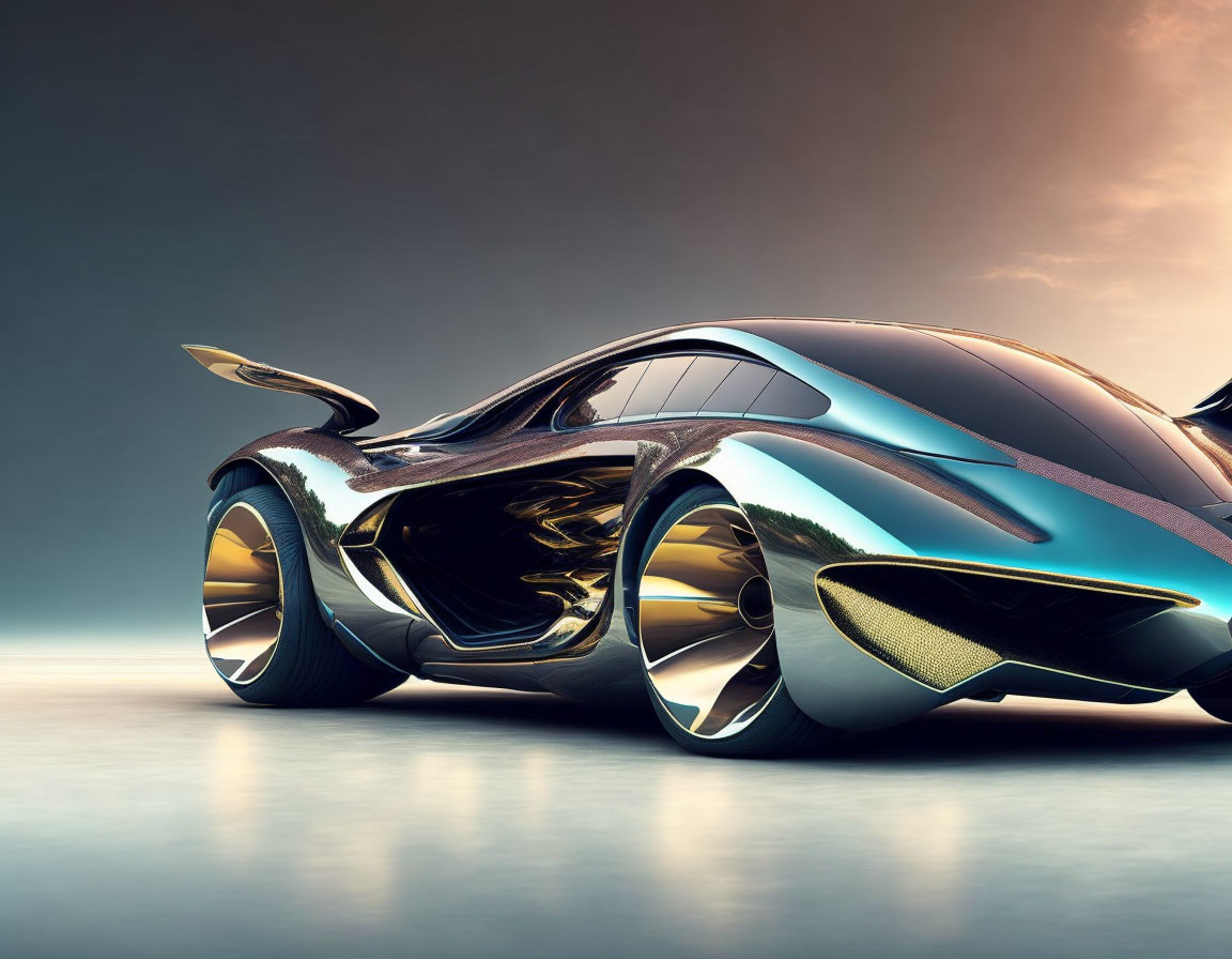 Sleek Futuristic Car with Gloss Finish & Oversized Wheels on Moody Sky Background