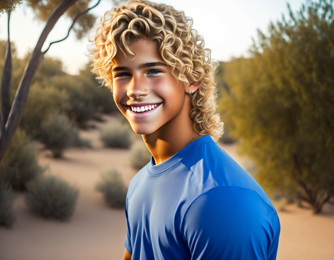 Smiling person with blonde curly hair in blue shirt in desert setting