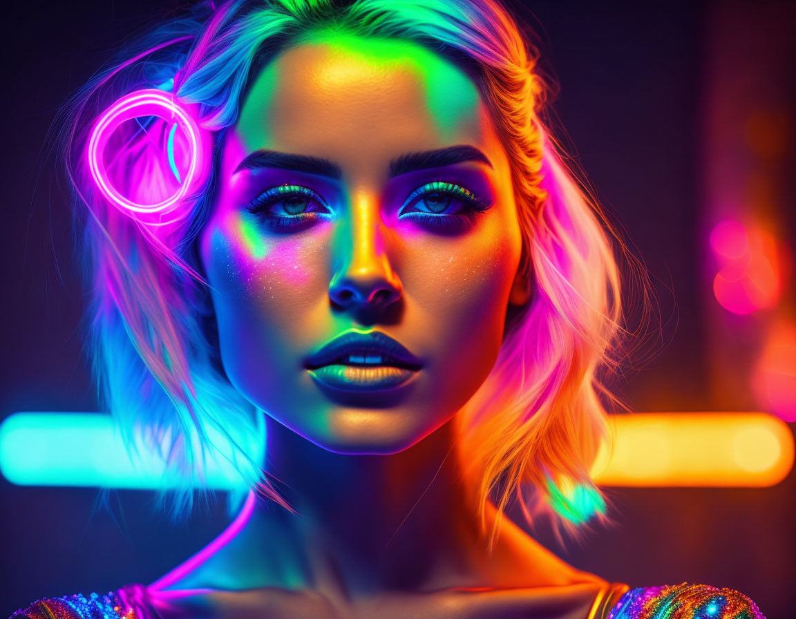 Blonde woman with blue eyes under neon lights