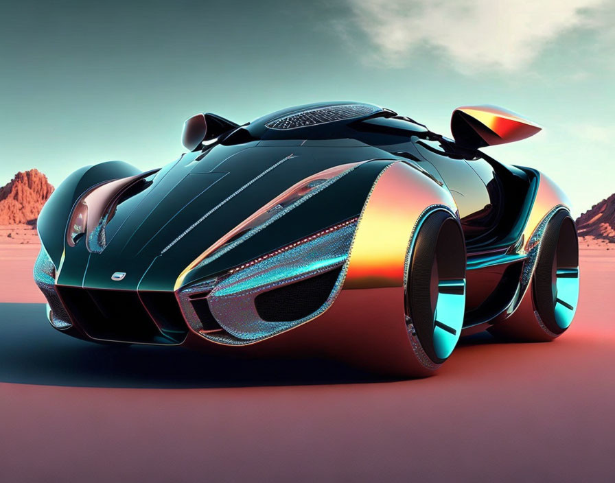 Futuristic black car with iridescent accents on desert road