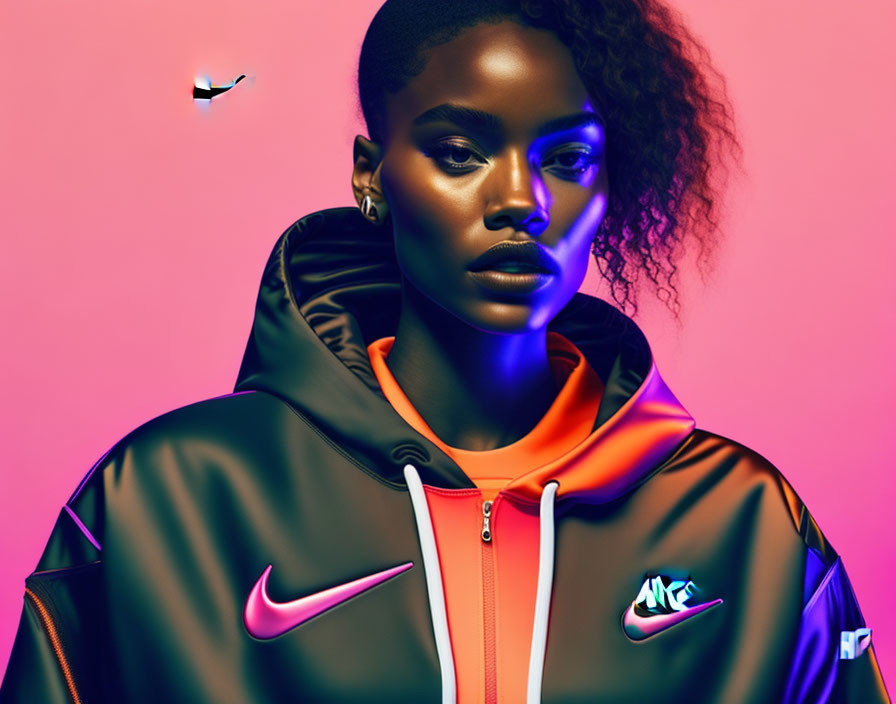 Striking makeup woman in Nike jacket on pink background