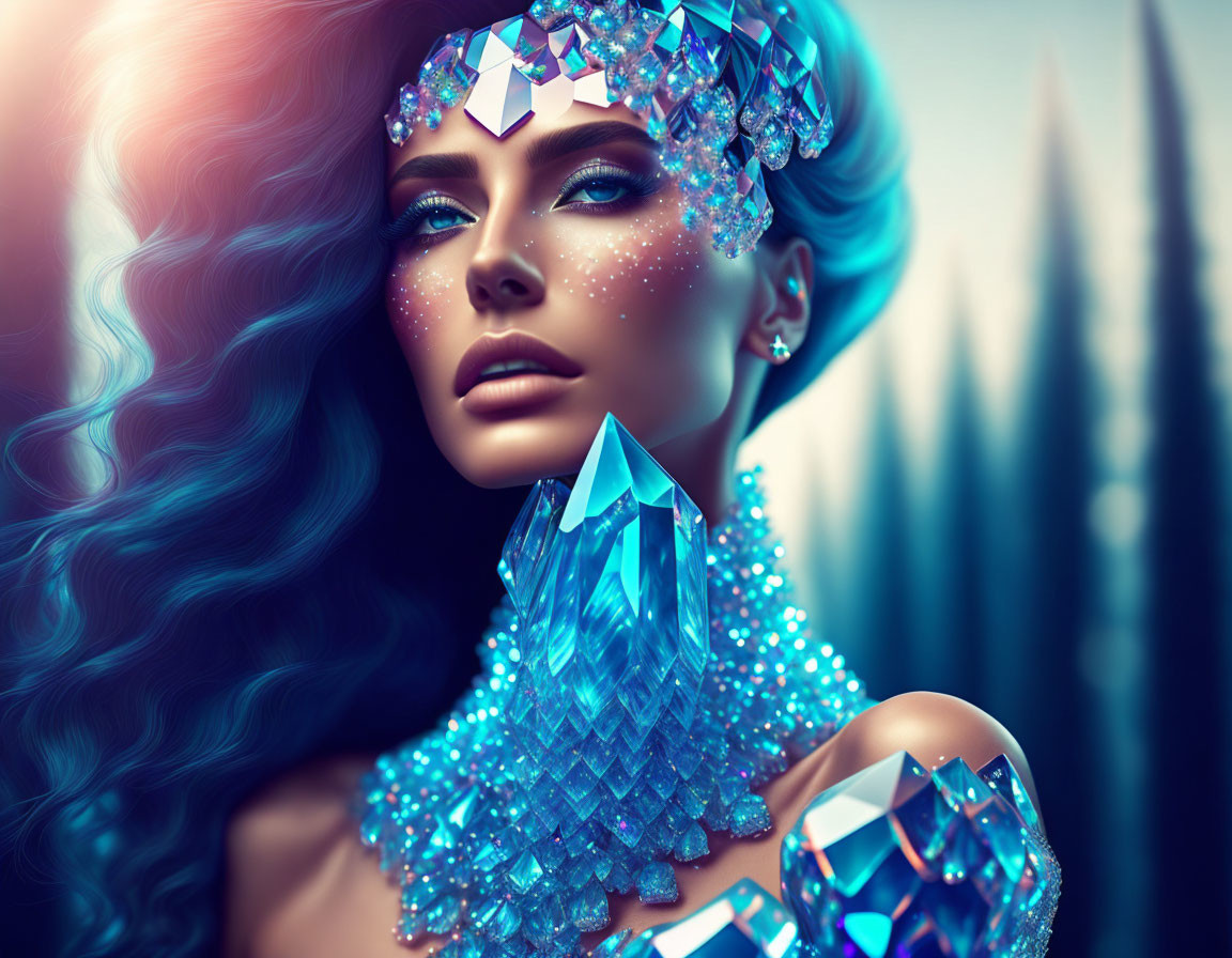 Mystical woman with blue crystal accessories in forest setting