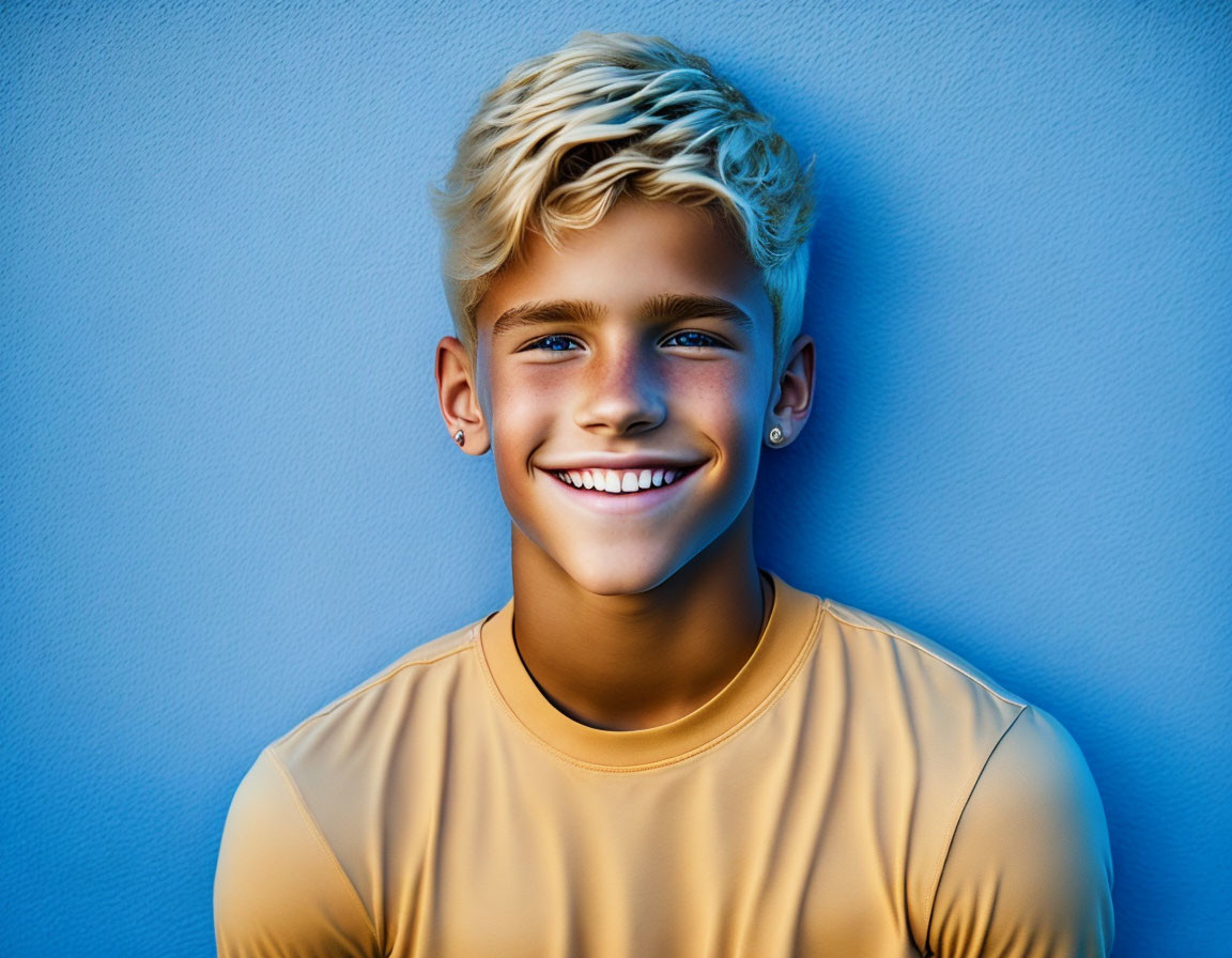 Blond-Haired Male in Gold T-Shirt on Blue Background