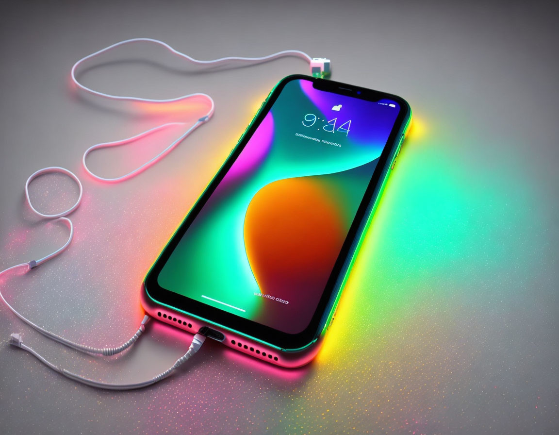 Colorful Smartphone Screen Wallpaper Connected to White Earbuds on Neon Surface