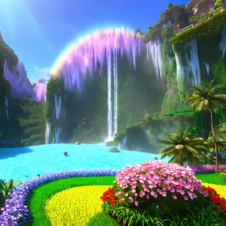 Majestic waterfall in vibrant, colorful landscape