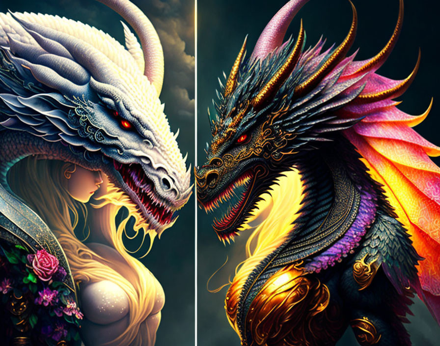 Stylized split image of white and black dragons facing each other