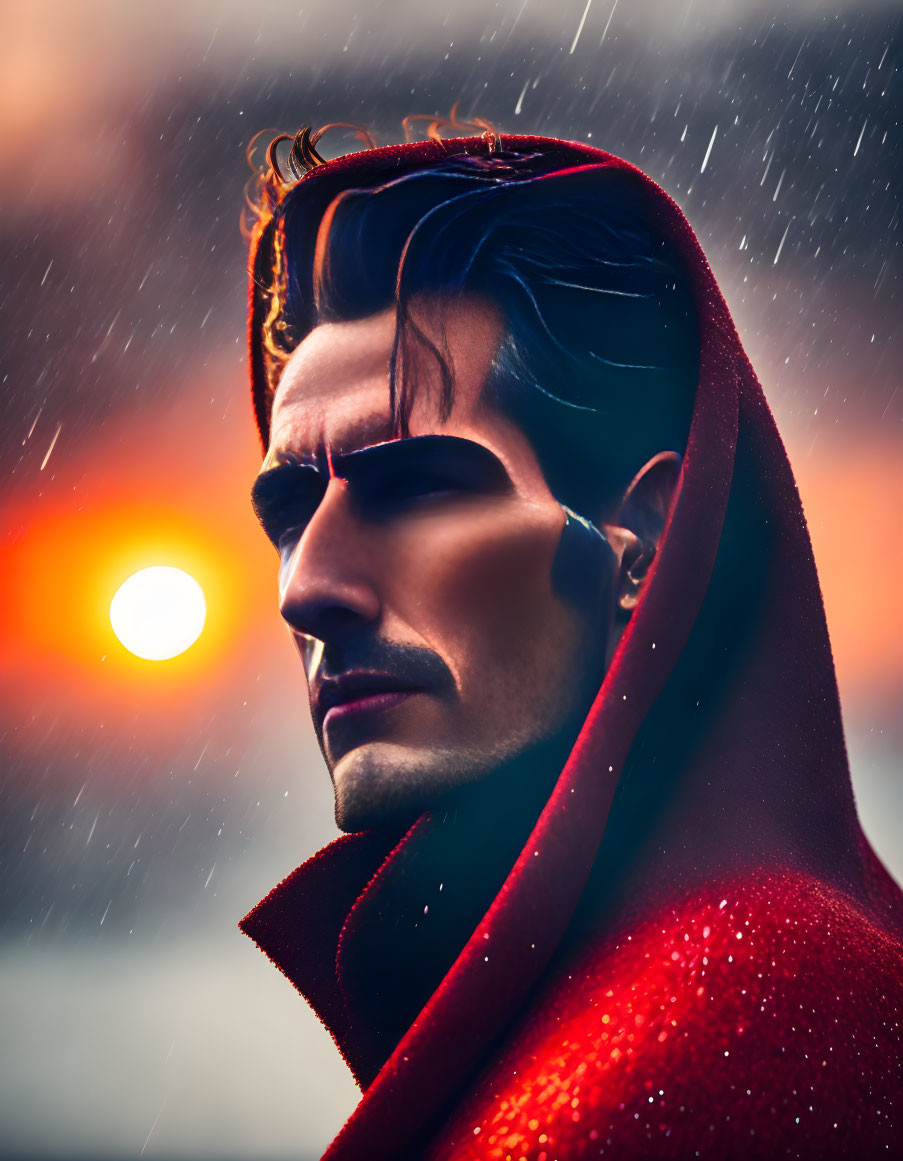 Stylized portrait of a man in red cape under rainy sky