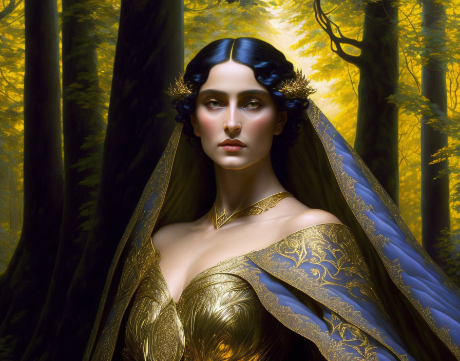 Dark-haired woman in golden attire in mystical forest.