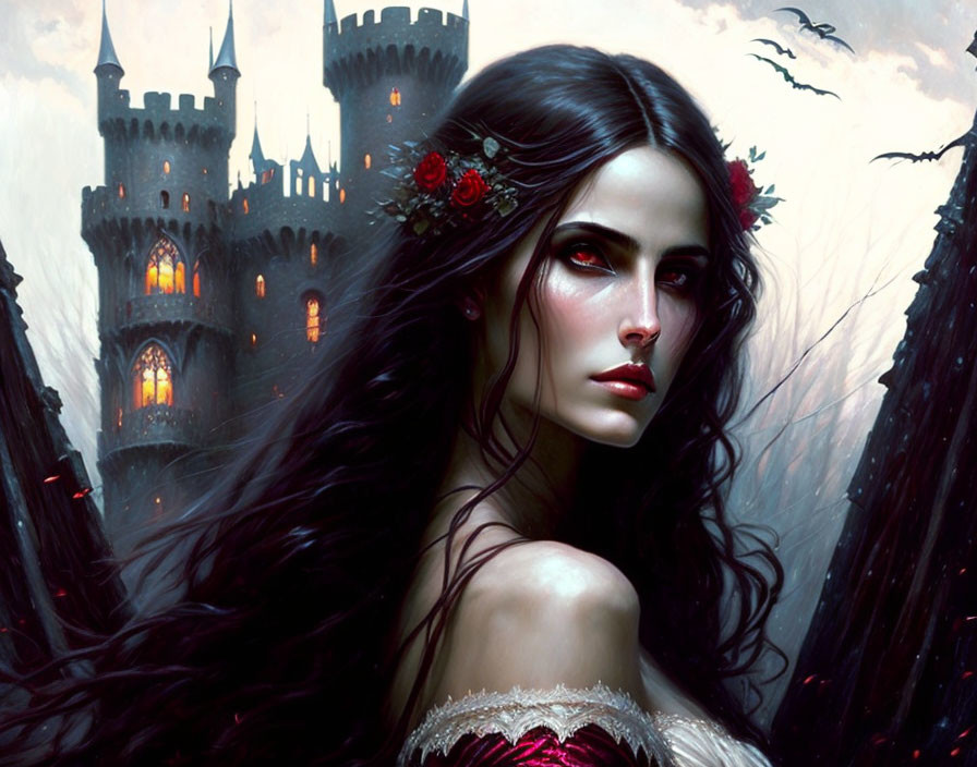 Gothic fantasy image: pale woman with dark hair, red flowers, dark castle, stormy