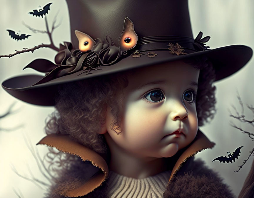 Digital Artwork: Child with Witch Hat, Glowing Creature, and Bats