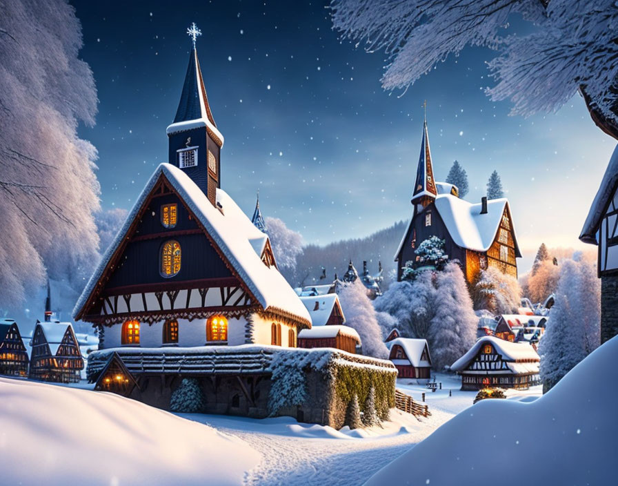 Snowy village with illuminated houses and churches in serene winter setting