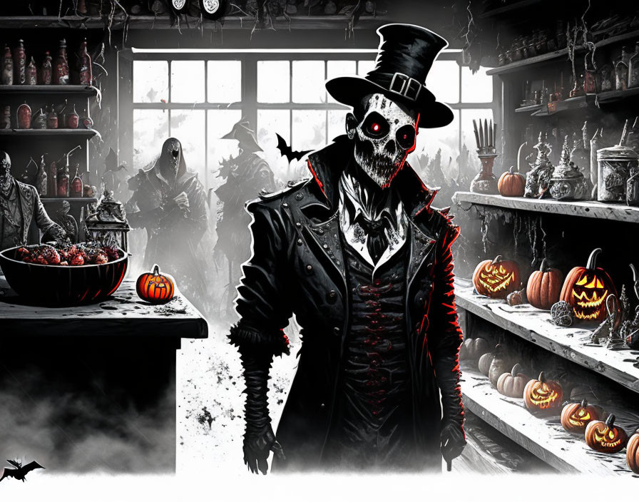 Skeleton figure in top hat & coat in Halloween room with pumpkins, bats, and ghosts