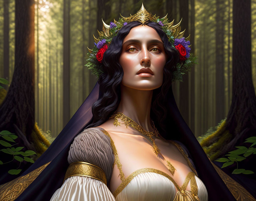 Regal female figure with floral crown and golden jewelry in sunlit forest