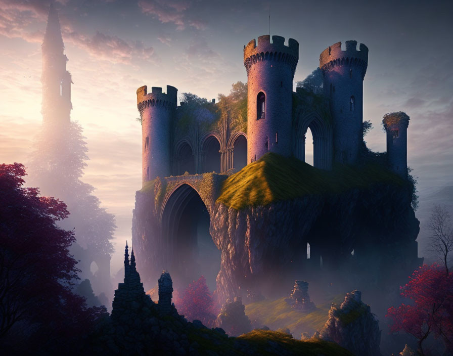 Mystical castle with towering spires in dreamy landscape