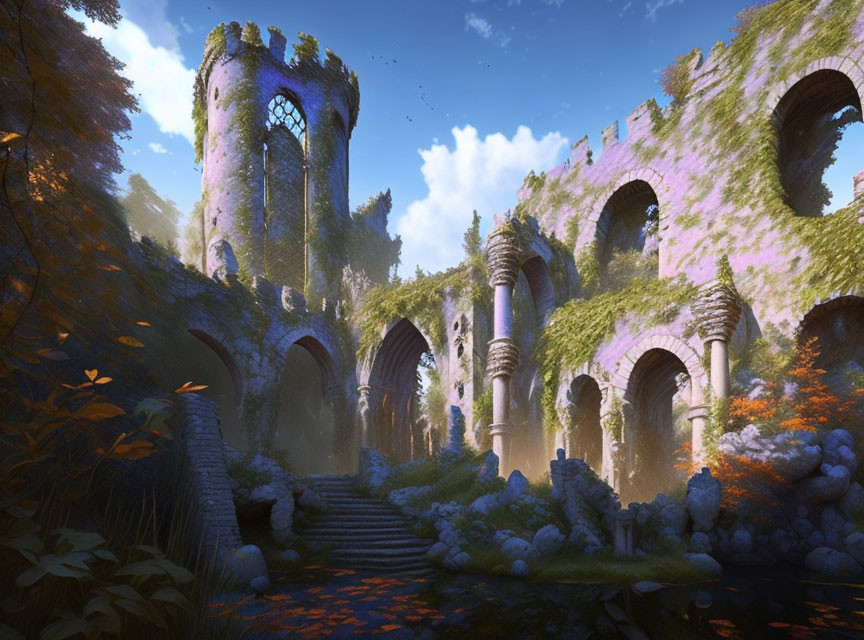 Fantasy garden with ancient ruin tower and arches in soft sunlight