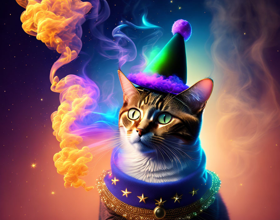 Whimsical cat in wizard attire surrounded by magical flames and cosmic scene