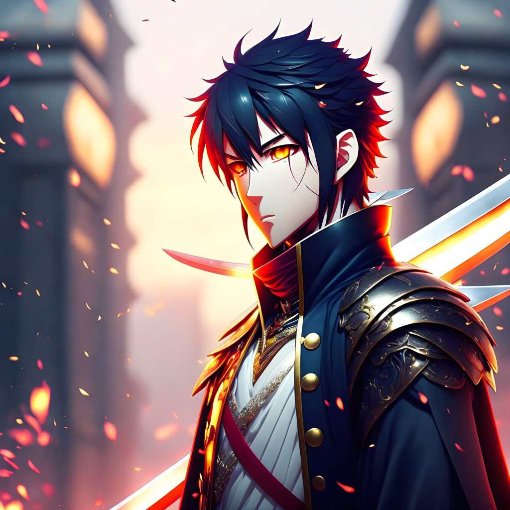 Dark-haired warrior with blue eyes wields bright sword in fiery setting