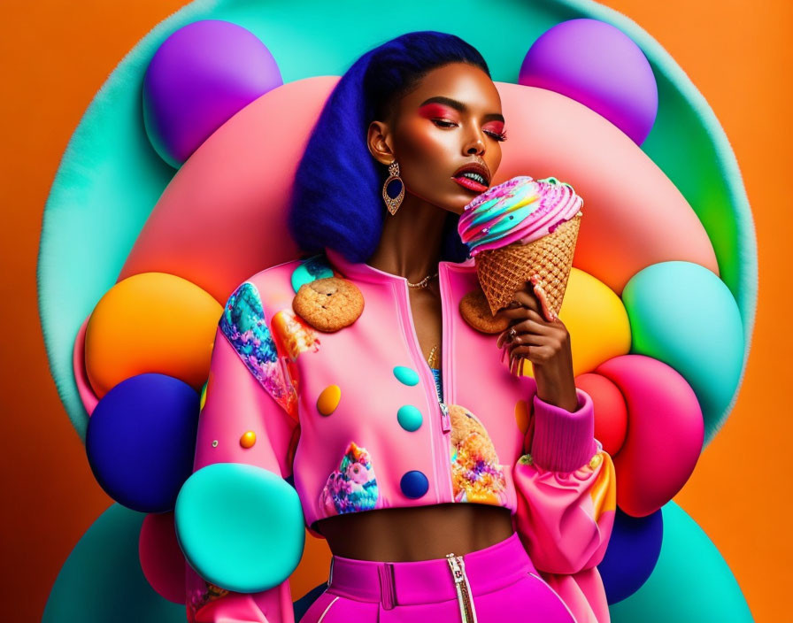 Colorful backdrop with bold makeup and ice cream cone