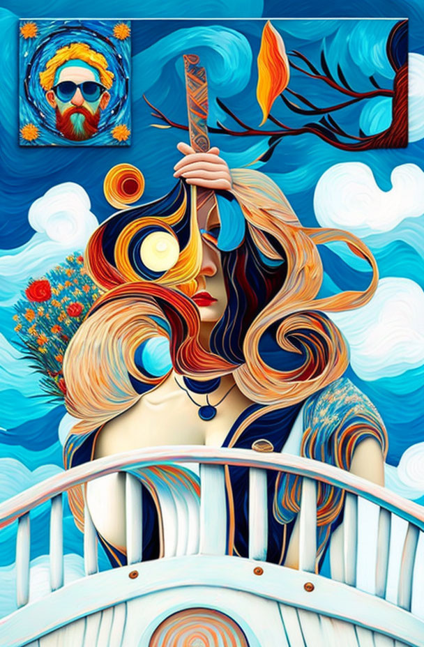 Colorful artwork of woman with torch, bearded man's portrait, and blue sky