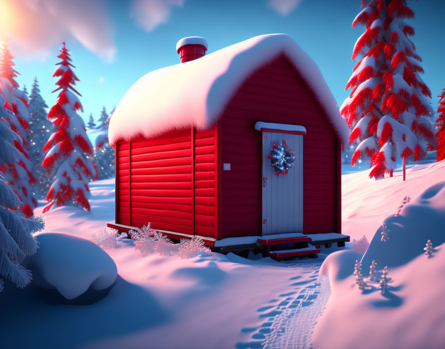 Red Winter Cabin with Snow-Capped Roof and Festive Wreath in Snowy Landscape