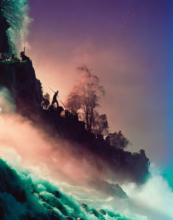 Silhouette of person on cliff with colorful misty backdrop and cosmic stars.