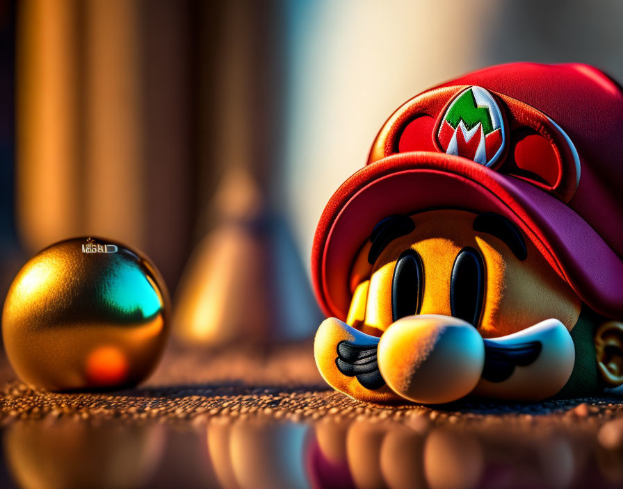 Close-Up of Super Mario's Face with Gold Orb in Soft Focus