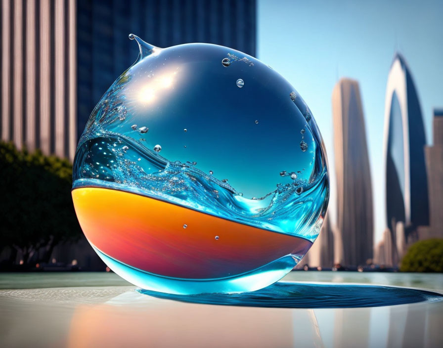 Swirling blue and orange spherical object against modern skyscrapers