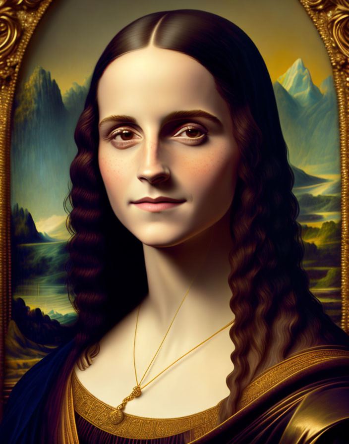 Digitally altered portrait blending Mona Lisa features with modern aesthetics in serene landscape.