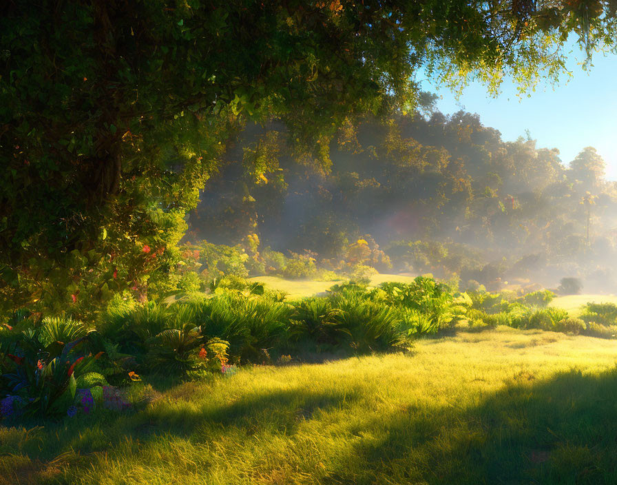 Sunlit misty meadow with flower-dotted trees & green foliage