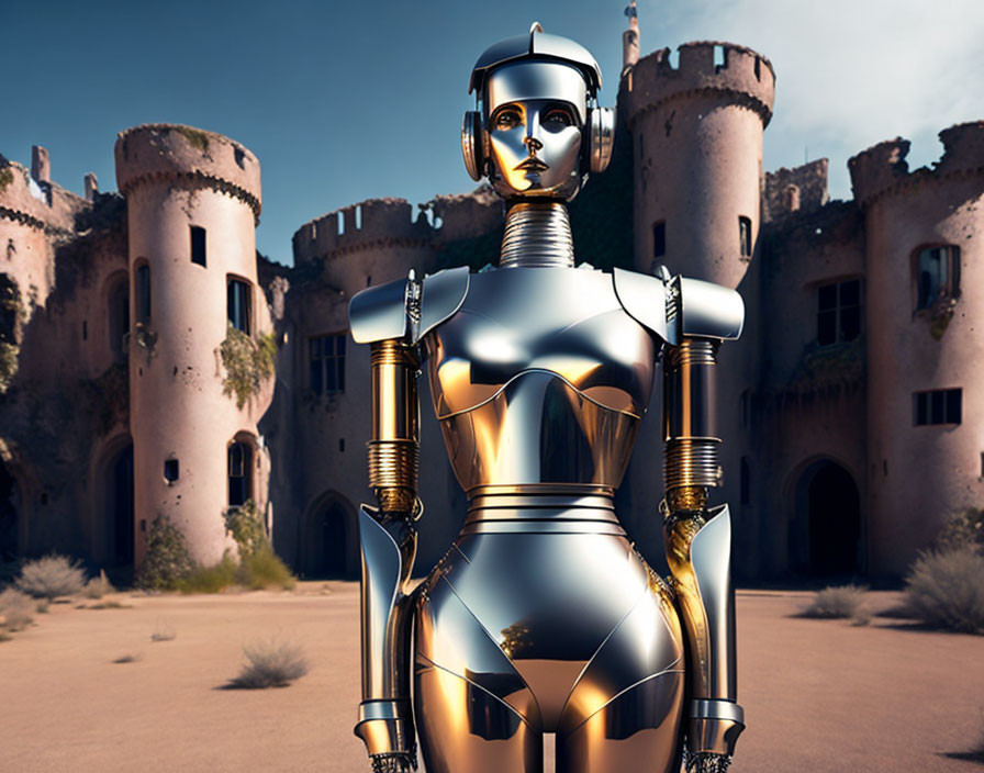 Metallic humanoid robot near vine-covered castle under clear sky