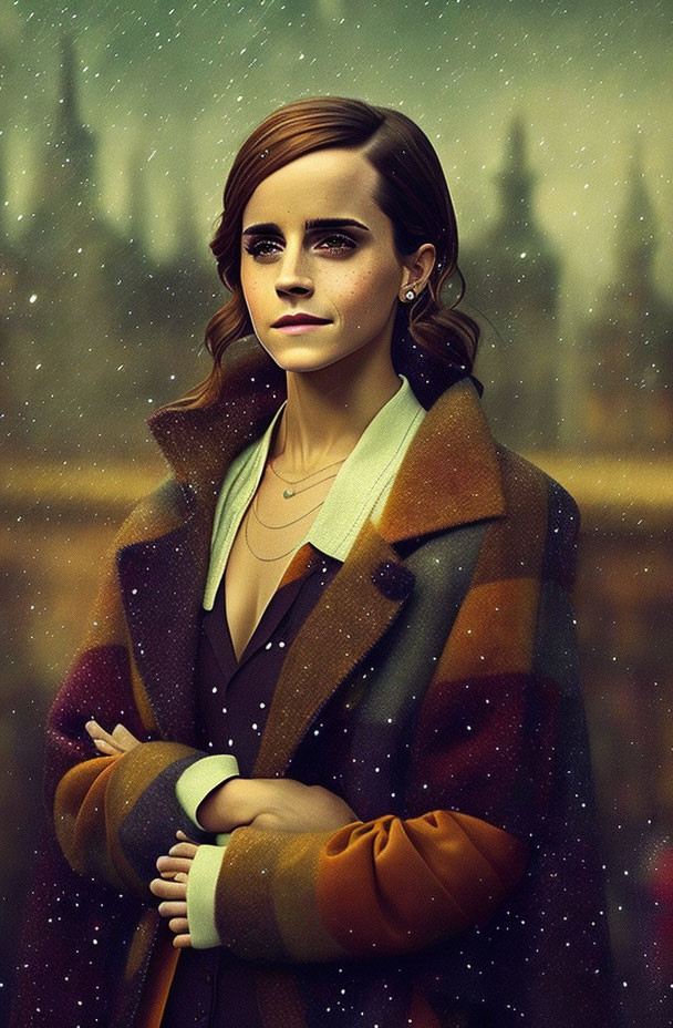 Woman with Short Brown Hair in Multicolored Coat and Bokeh Background