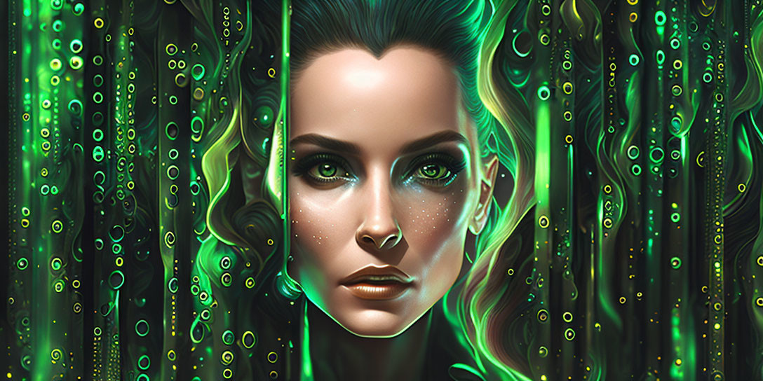 Digital Art Portrait: Woman with Striking Green Eyes and Emerald Patterns