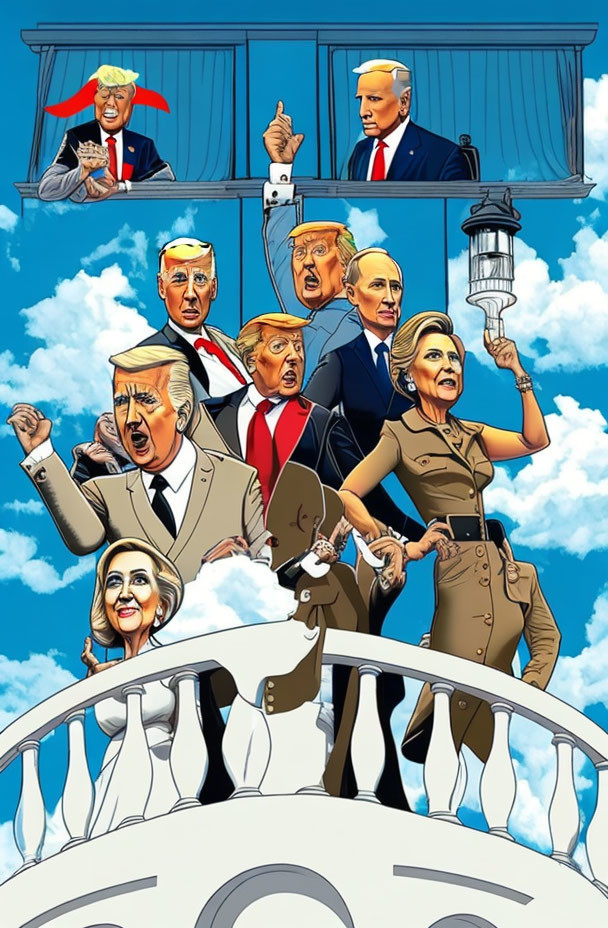 Colorful cartoon illustration of US political figures on ship's deck