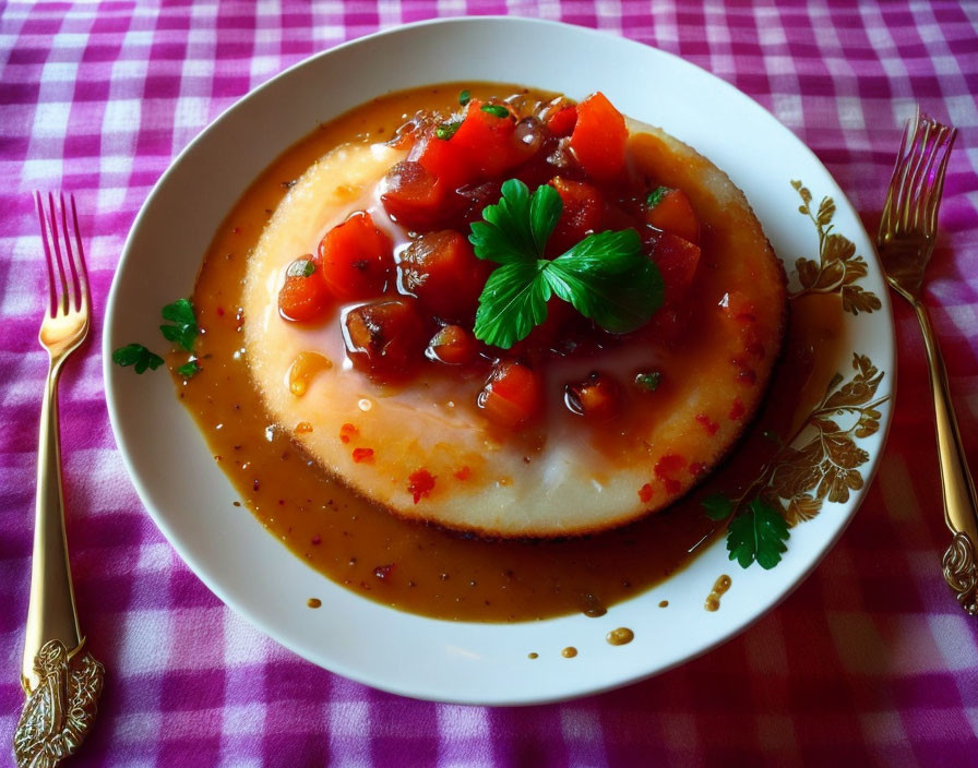 Creamy polenta with tomato sauce and vegetables on pink checkered tablecloth