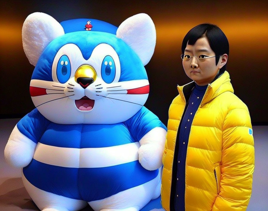 Person in Yellow Jacket with Blue and White Striped Cartoon Cat Inflatable