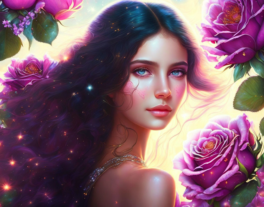 Digital artwork: Woman with galaxy hair, pink flowers, sparkling cheeks