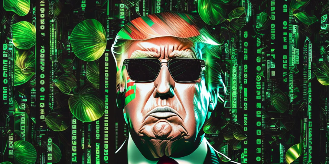 Man in sunglasses with stern expression against binary code backdrop