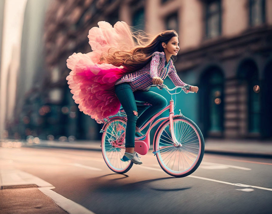 Young girl on pink bicycle with flowing hair and tutu in city street