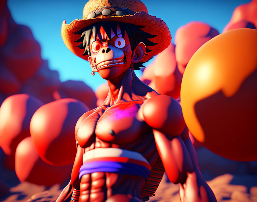 Muscular male character in straw hat, red vest, blue shorts among balloon-like objects