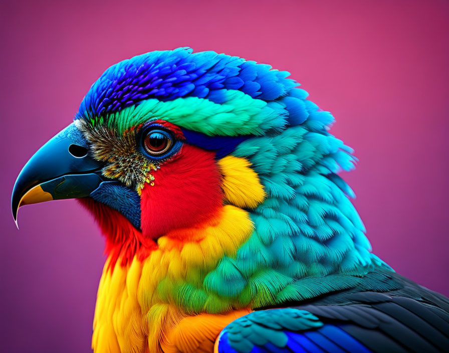 Colorful Parrot with Blue, Green, Yellow, and Red Feathers on Pink and Purple Background