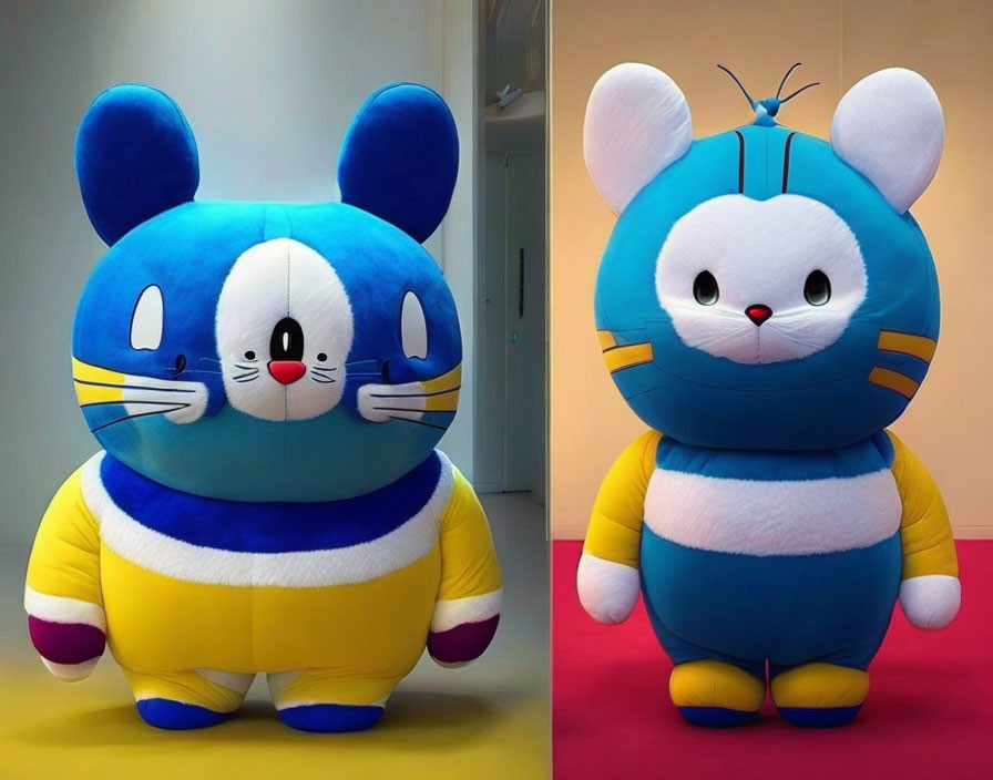 Two large plush toys: blue and white cartoonish mice, one in yellow and black, the other