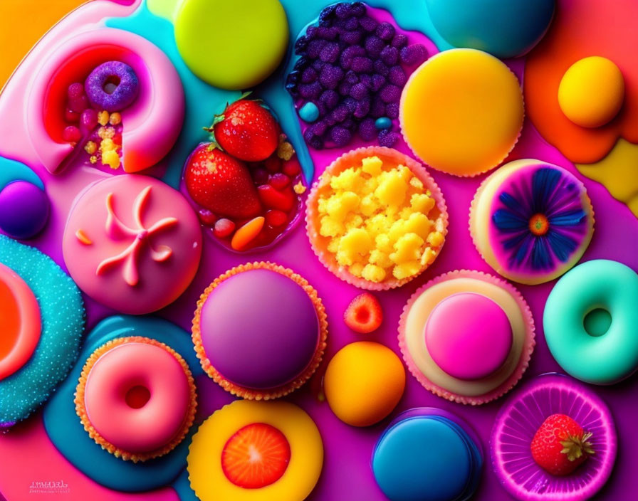 Assortment of Colorful Sweets on Rainbow Gradient Background