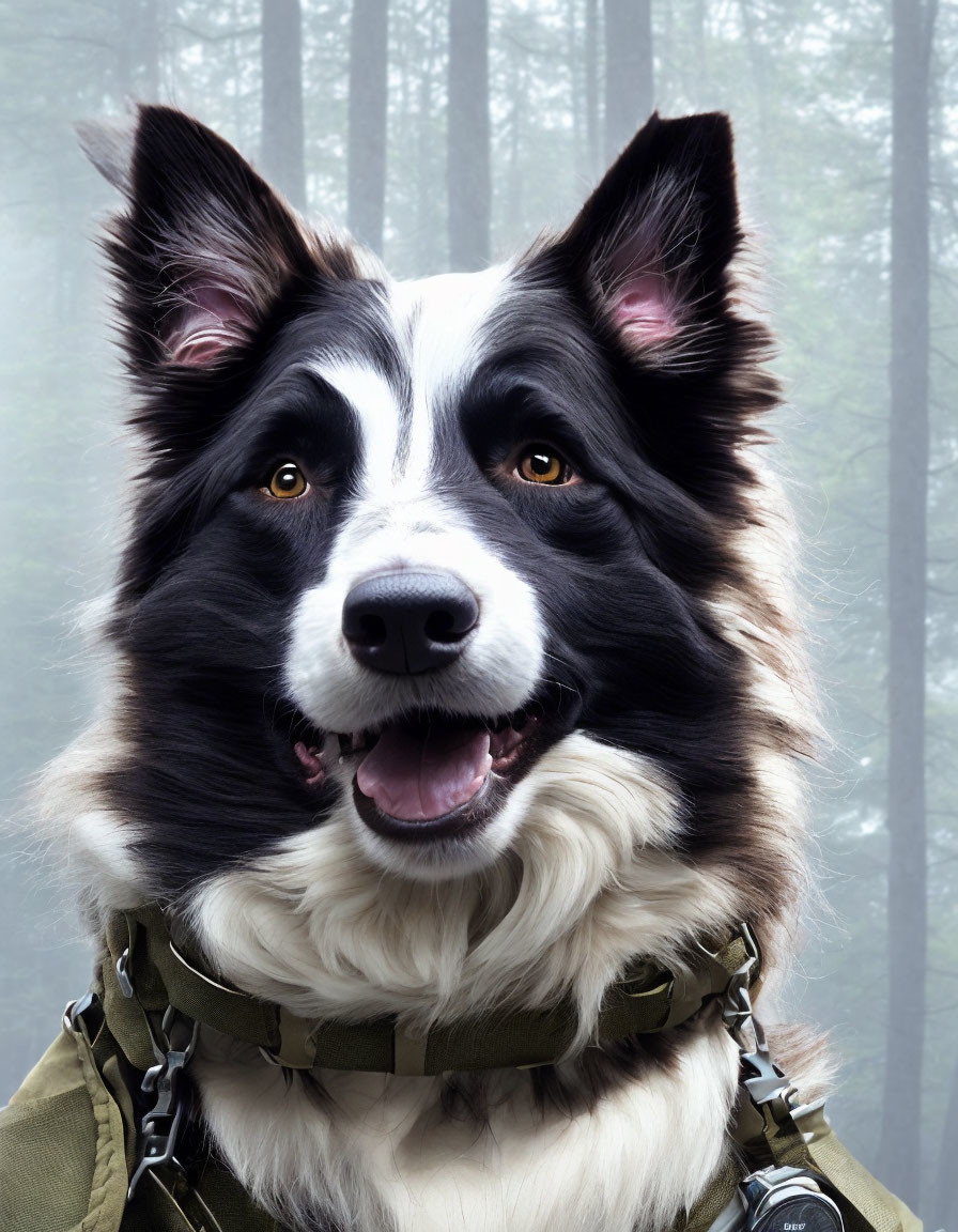 Brown-eyed Border Collie in black and white fur with green harness in misty forest.