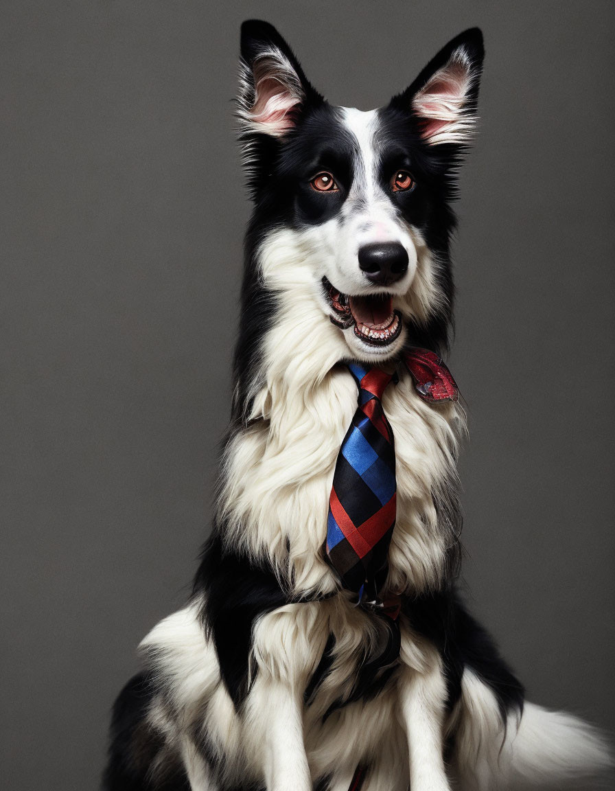 Border Collie in Striped Tie Poses Against Gray Background